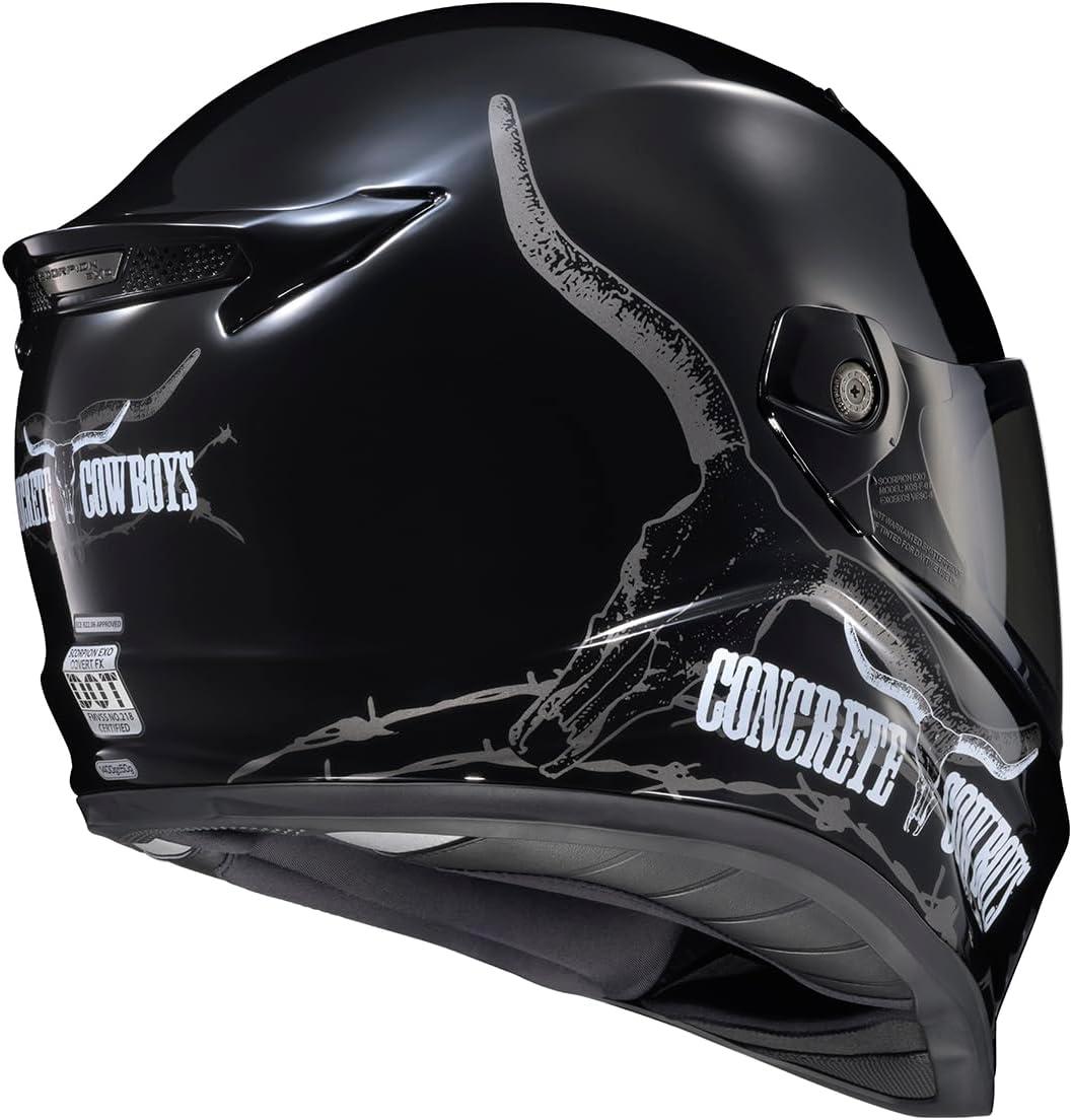 ScorpionEXO Covert FX Full Face Adult Motorcycle Helmet Street Fighter Style – Bluetooth Ready Speaker Pockets DOT ECE Solid (Matte Black – X-Large)(Concrete Cowboys Gloss Black)