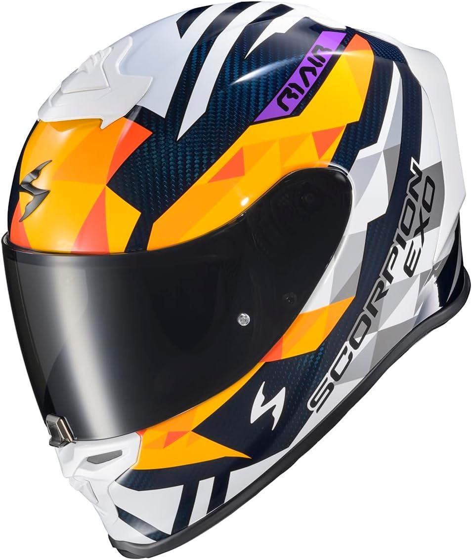 ScorpionEXO R1 Air Carbon Fiber Full Face Motorcycle Helmet with Pinlock Shield Bluetooth Ready Speaker Pockets DOT ECE Onyx (Onyx Gloss Black – Medium)(Orange/White/Blue)