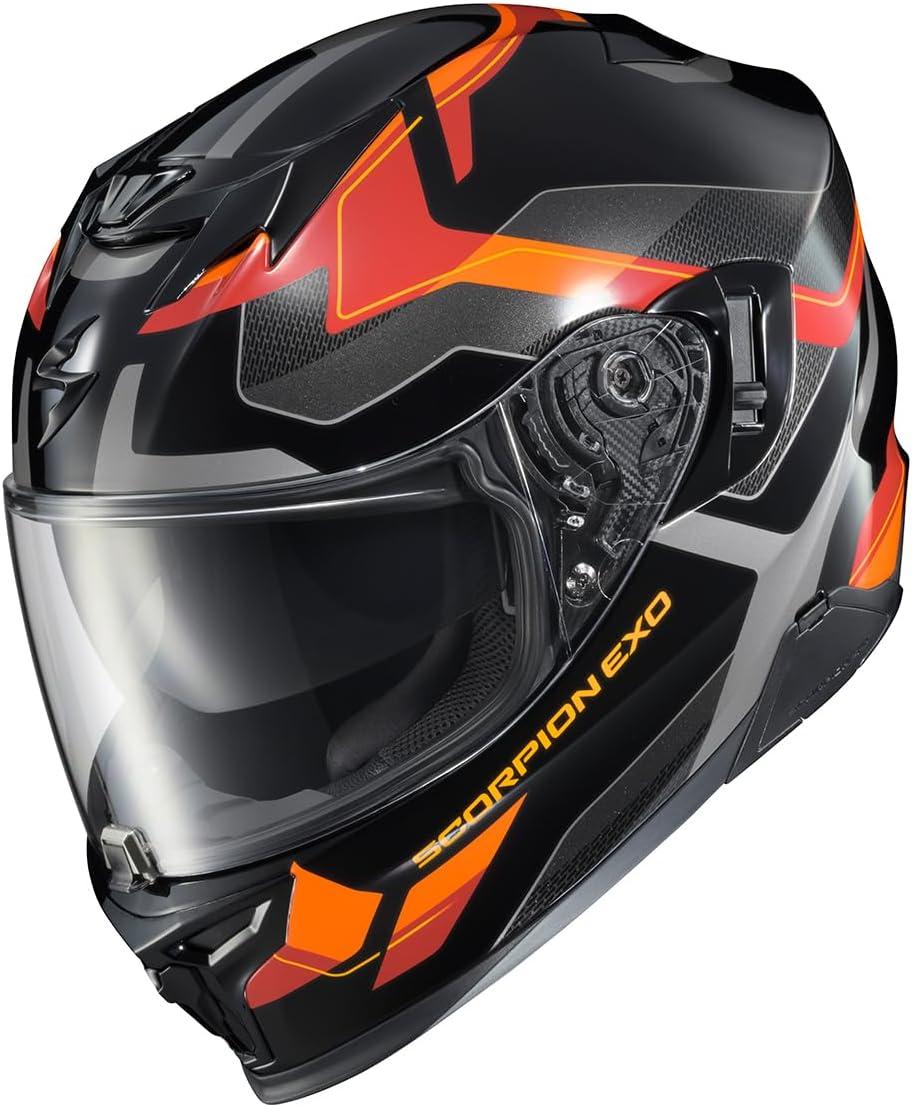 ScorpionEXO T520 Full Face Touring Motorcycle Helmet with Bluetooth Ready Speaker Pockets DOT ECE Approved Nama-Shimi (Black/Gold – Medium)(Orange)