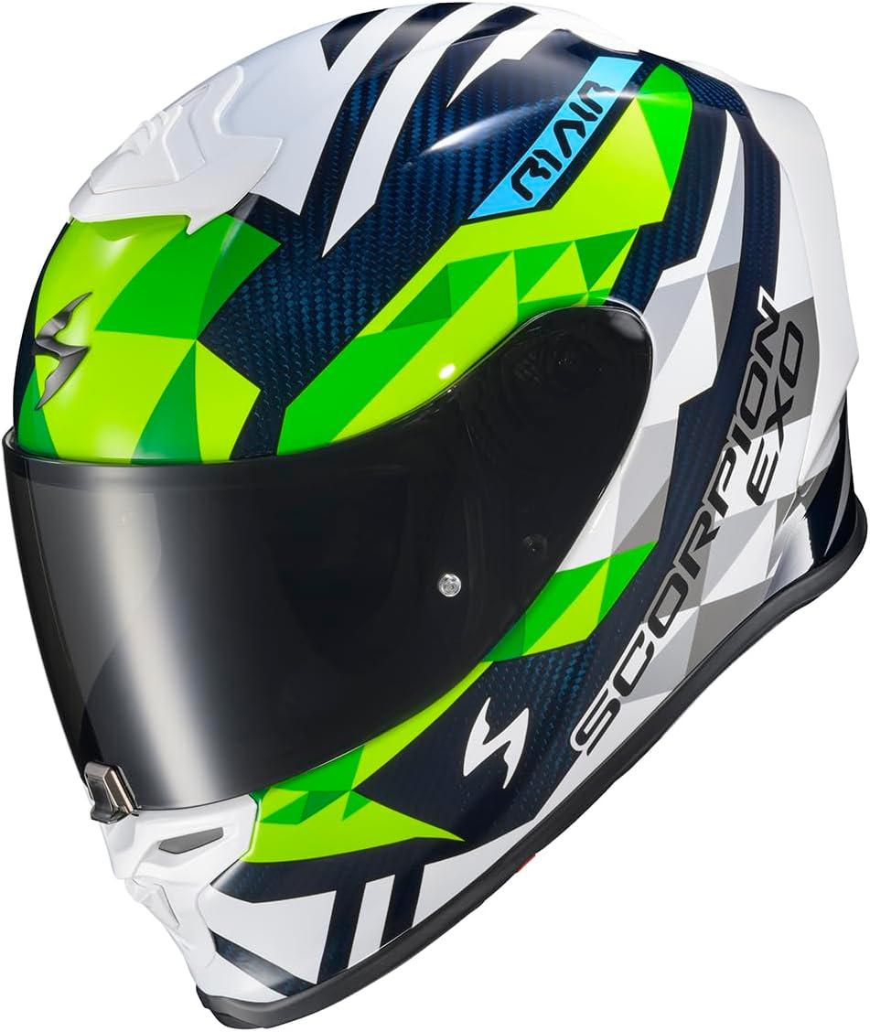 ScorpionEXO R1 Air Carbon Fiber Full Face Motorcycle Helmet with Pinlock Shield Bluetooth Ready Speaker Pockets DOT ECE Onyx (Onyx Gloss Black – Medium)(White/Green/Blue)