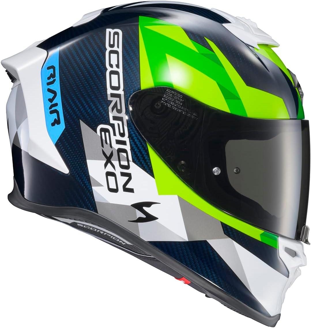 ScorpionEXO R1 Air Carbon Fiber Full Face Motorcycle Helmet with Pinlock Shield Bluetooth Ready Speaker Pockets DOT ECE Onyx (Onyx Gloss Black – Medium)(White/Green/Blue)