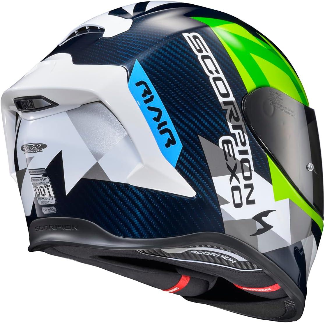 ScorpionEXO R1 Air Carbon Fiber Full Face Motorcycle Helmet with Pinlock Shield Bluetooth Ready Speaker Pockets DOT ECE Onyx (Onyx Gloss Black – Medium)(White/Green/Blue)