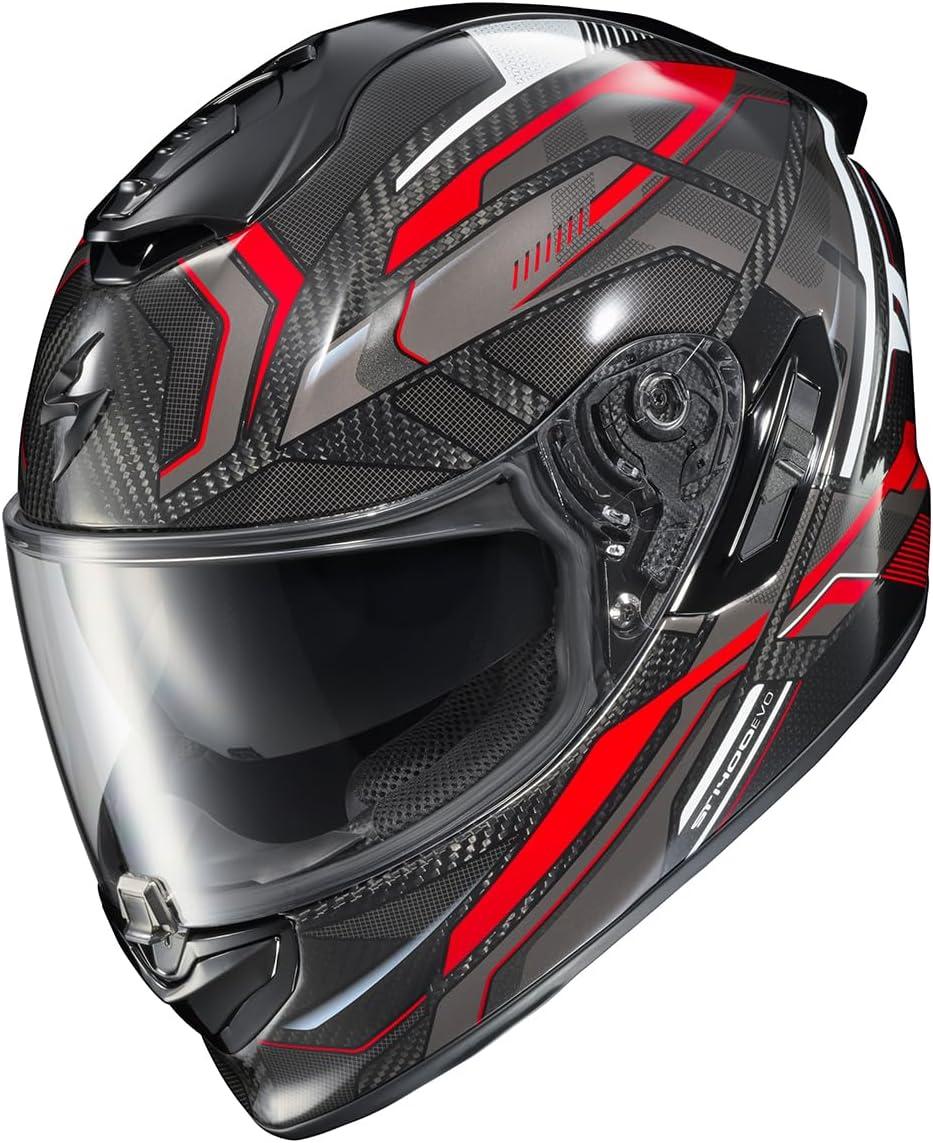 ScorpionEXO ST1400 EVO Carbon Fiber Full Face Sport Touring Street Motorcycle Helmet – Bluetooth Ready Speaker Pockets DOT ECE Solid (Matte Black – Small)(Hex Gloss Red)