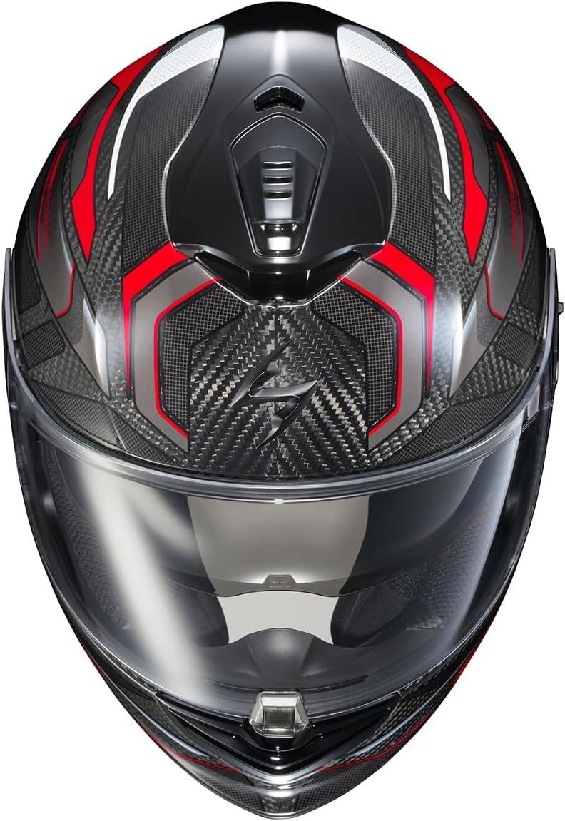 ScorpionEXO ST1400 EVO Carbon Fiber Full Face Sport Touring Street Motorcycle Helmet – Bluetooth Ready Speaker Pockets DOT ECE Solid (Matte Black – Small)(Hex Gloss Red)