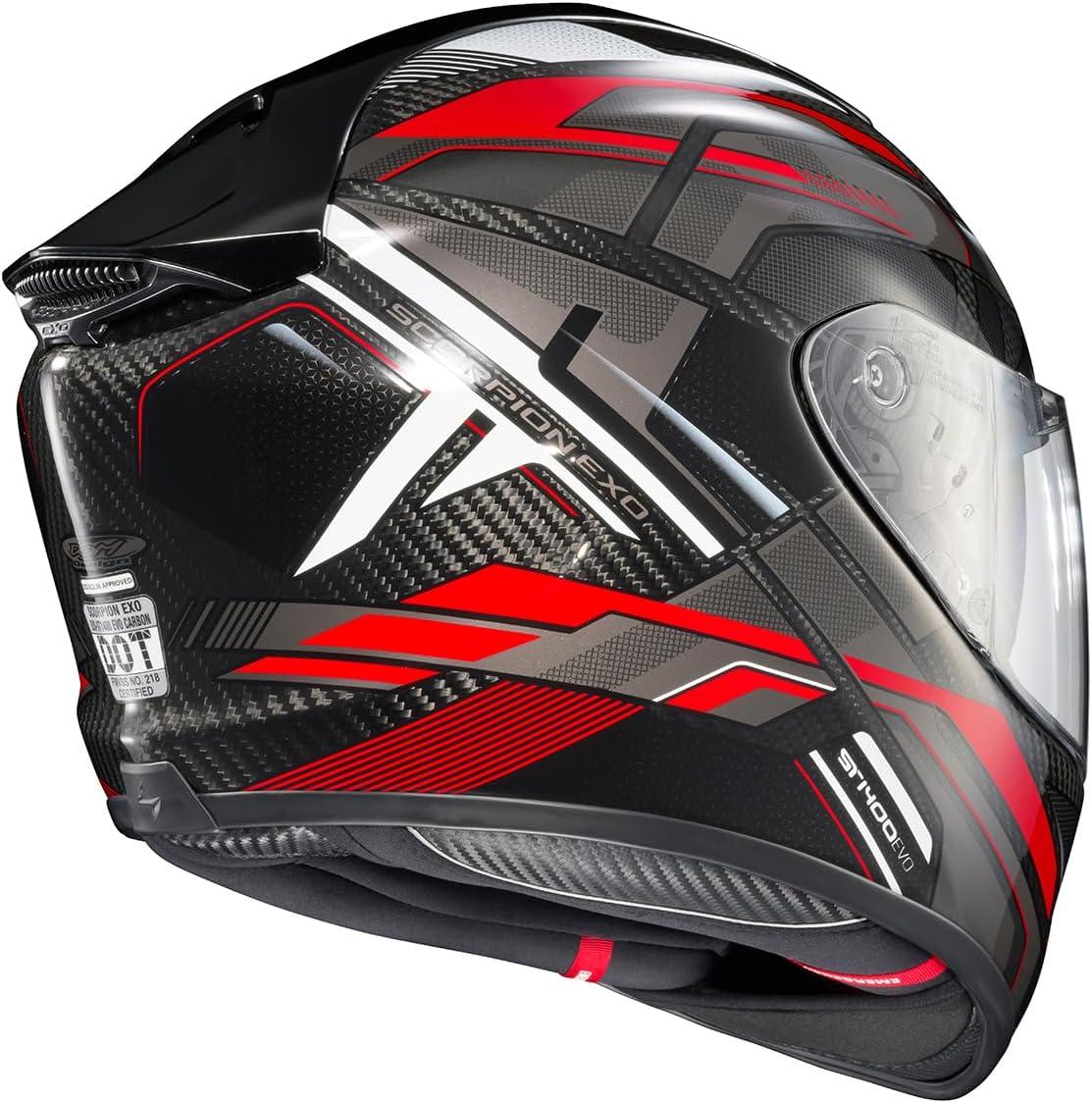 ScorpionEXO ST1400 EVO Carbon Fiber Full Face Sport Touring Street Motorcycle Helmet – Bluetooth Ready Speaker Pockets DOT ECE Solid (Matte Black – Small)(Hex Gloss Red)