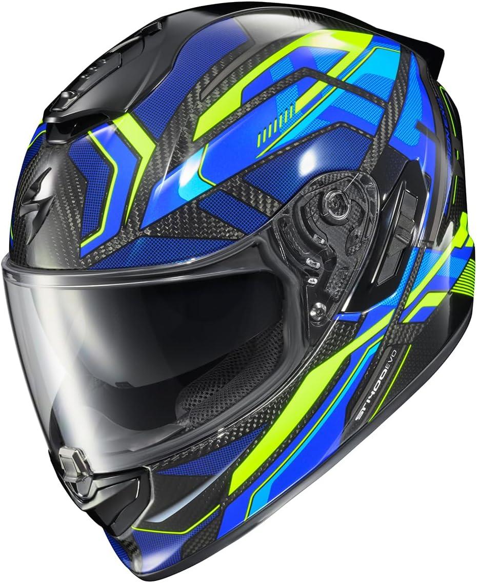 ScorpionEXO ST1400 EVO Carbon Fiber Full Face Sport Touring Street Motorcycle Helmet – Bluetooth Ready Speaker Pockets DOT ECE Solid (Matte Black – Small)(Hex Gloss Blue)