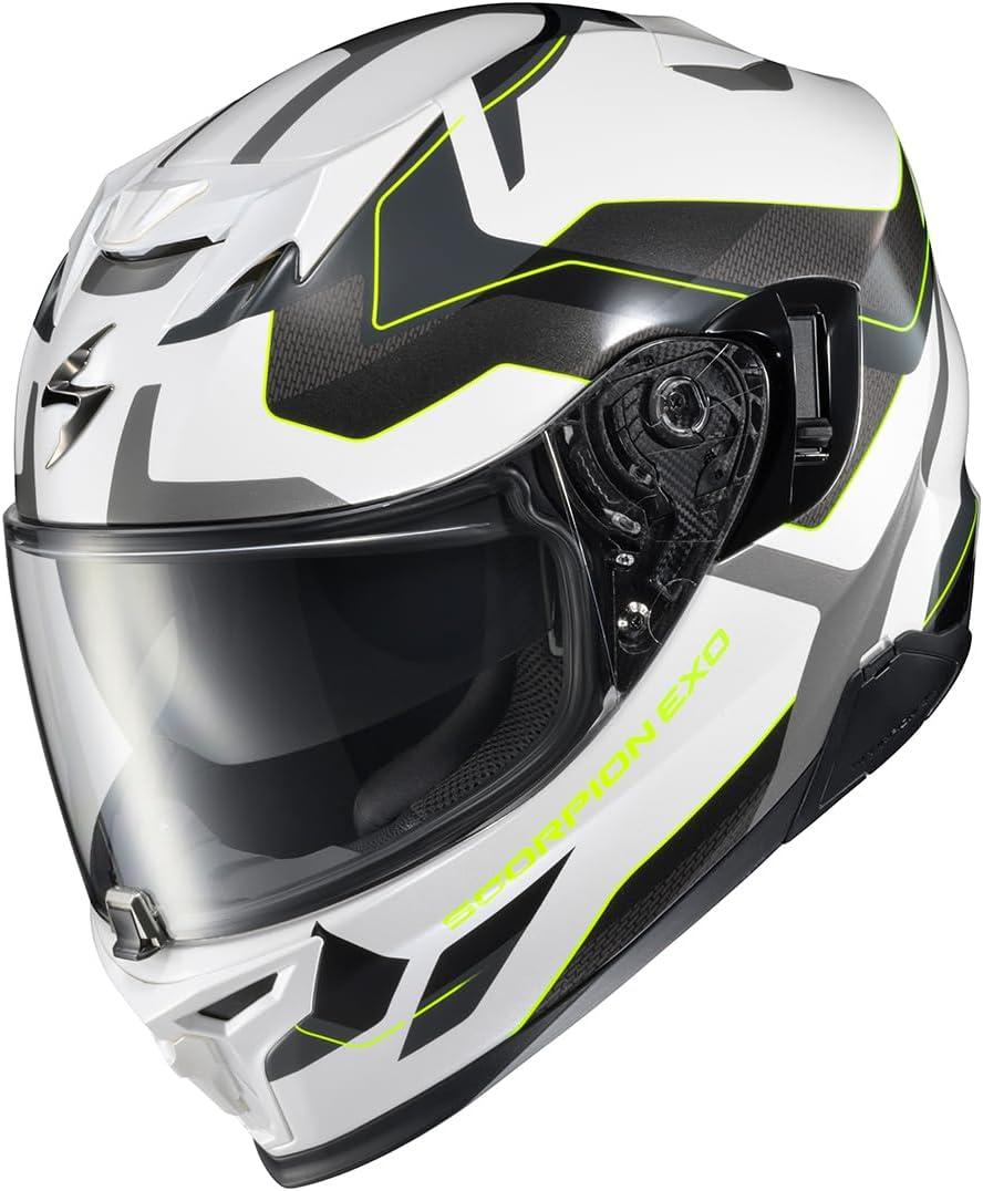 ScorpionEXO T520 Full Face Touring Motorcycle Helmet with Bluetooth Ready Speaker Pockets DOT ECE Approved Nama-Shimi (Black/Gold – Medium)(White/Hi-viz)