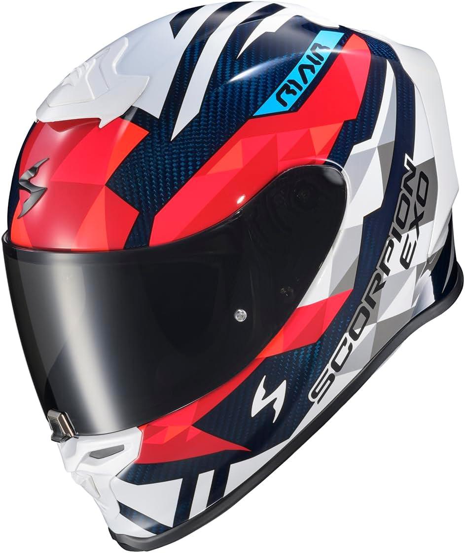 ScorpionEXO R1 Air Carbon Fiber Full Face Motorcycle Helmet with Pinlock Shield Bluetooth Ready Speaker Pockets DOT ECE Onyx (Onyx Gloss Black – Medium)(Red/White/Blue)