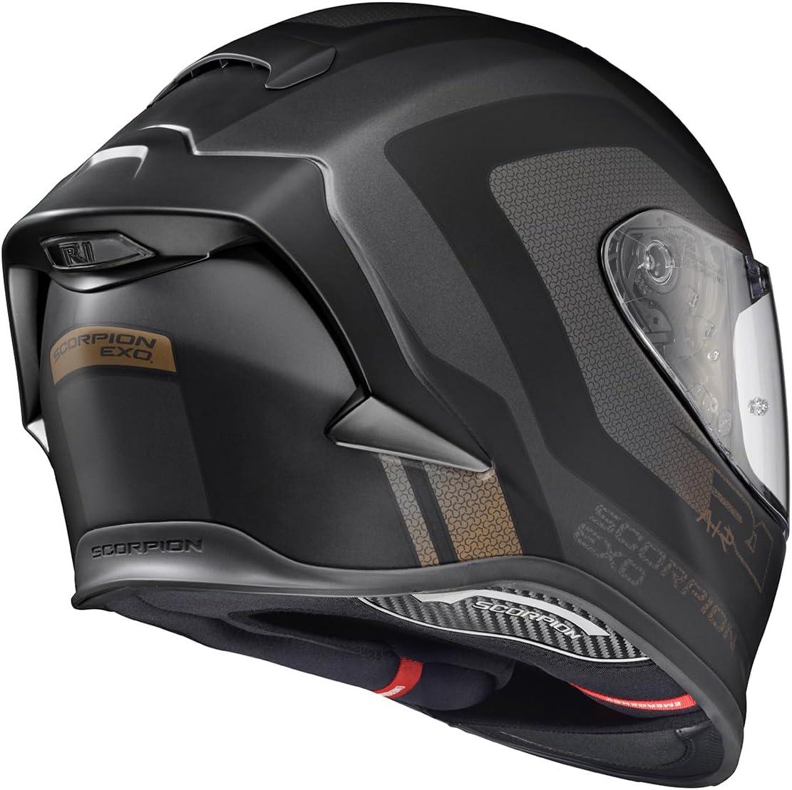 ScorpionEXO R1 Air Full Face Motorcycle Helmet with Pinlock Shield and Bluetooth Ready Speaker Pockets DOT ECE Solid (Matte Pearl White – Small)(Gold/Black)