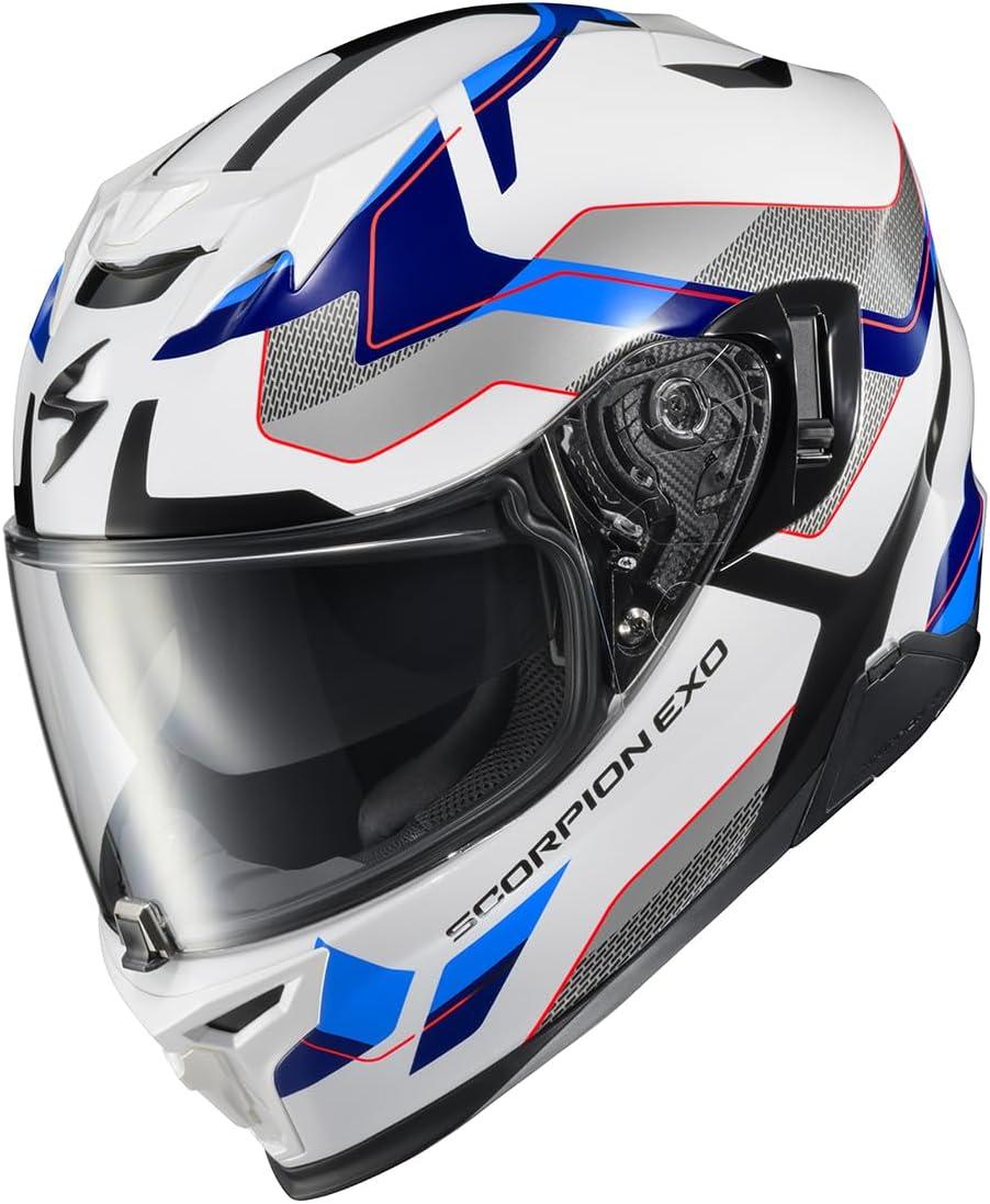 ScorpionEXO T520 Full Face Touring Motorcycle Helmet with Bluetooth Ready Speaker Pockets DOT ECE Approved Nama-Shimi (Black/Gold – Medium)(White/Blue)