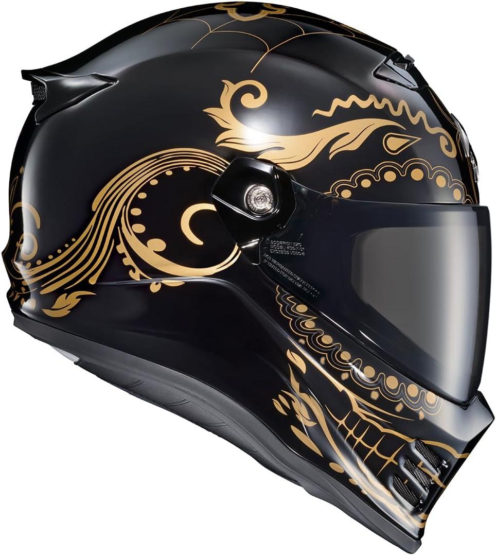 ScorpionEXO Covert FX Full Face Adult Motorcycle Helmet Street Fighter Style – Bluetooth Ready Speaker Pockets DOT ECE Solid (Matte Black – X-Large)(Gold/Gloss Black)