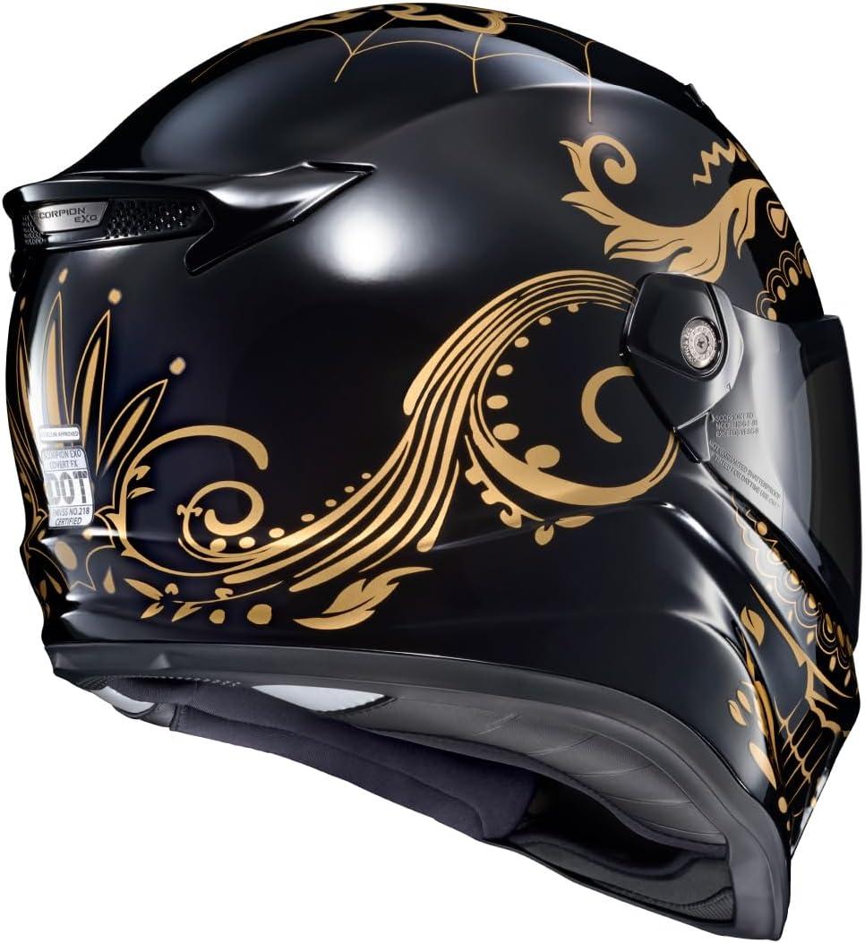 ScorpionEXO Covert FX Full Face Adult Motorcycle Helmet Street Fighter Style – Bluetooth Ready Speaker Pockets DOT ECE Solid (Matte Black – X-Large)(Gold/Gloss Black)